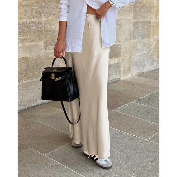 Women's Beige Drawstring Satin High Waist Silk A Line Flowy Long Maxi Skirt - Picture 3 of 6